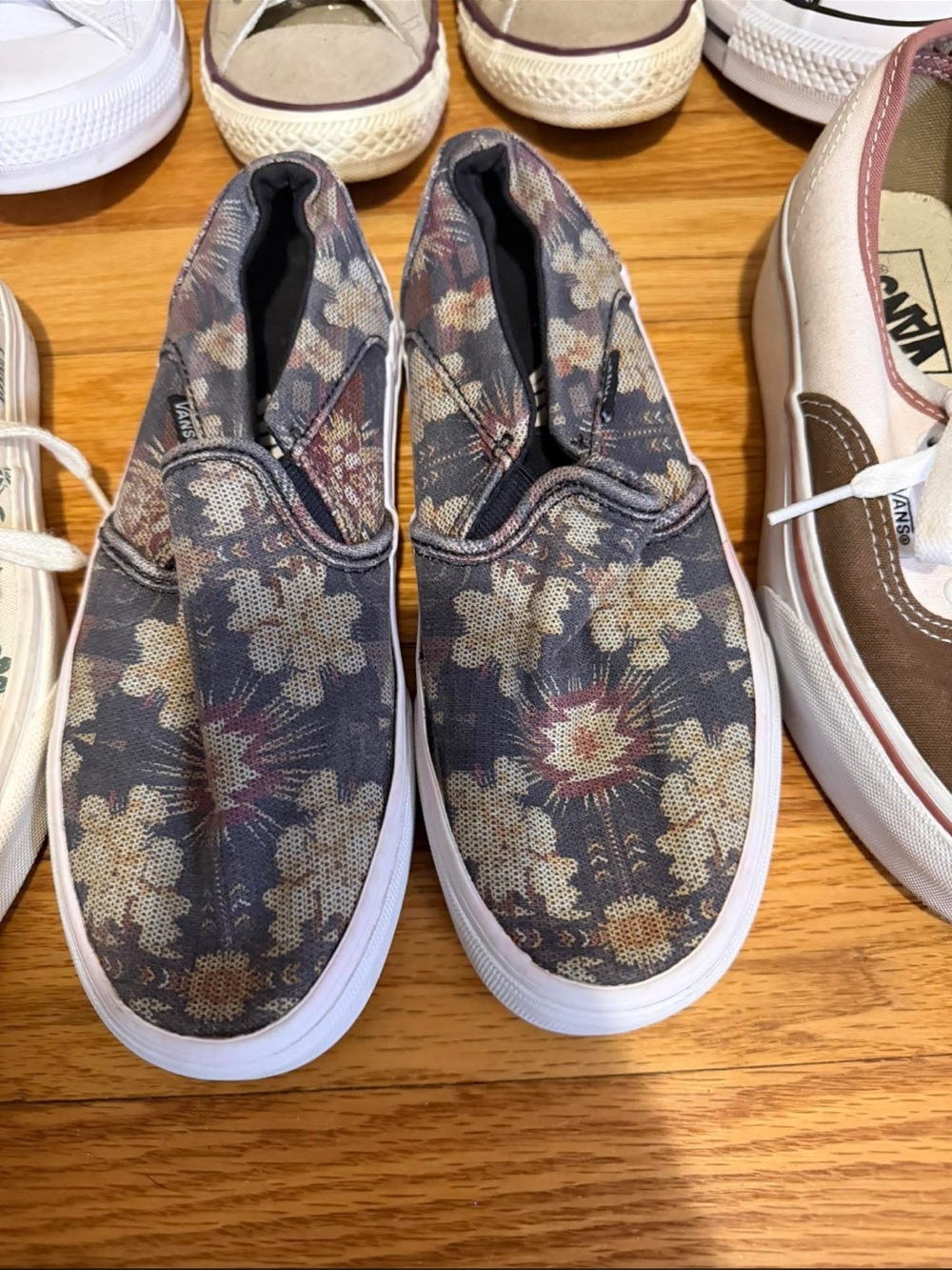 Vans Floral Slip-On Sneakers - Gray, Cream, Brown